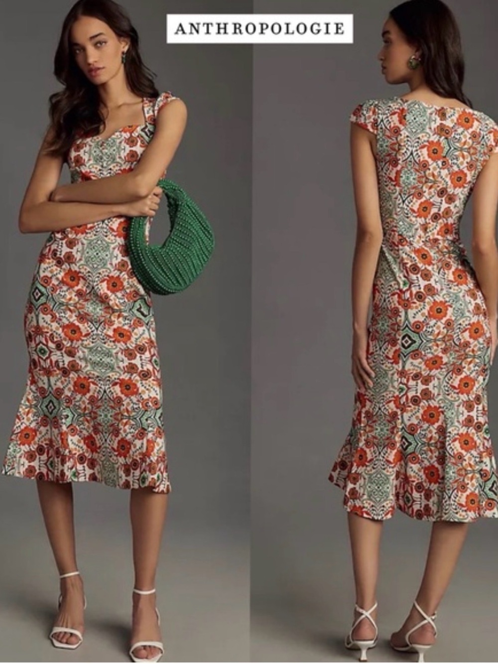 Anthropologie Orange & Green Floral Tile Midi Dress